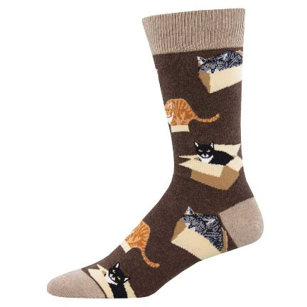 Cat in a box brown mens crew sock