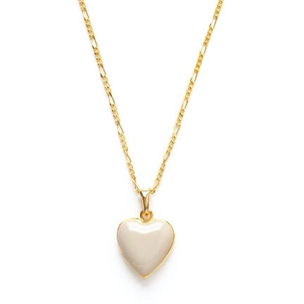 beige enamel heart locket on gold Figaro chain
