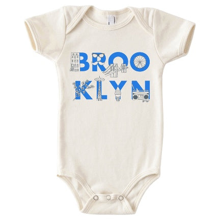 Brookln font in baby onesie organic oatmeal fabric