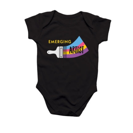 Emerging Artist paint brush/colors on Black S/S onesie
