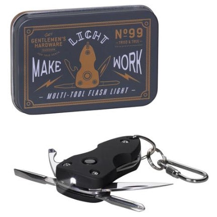 Pocket Multi tool flashlight in giftable tin