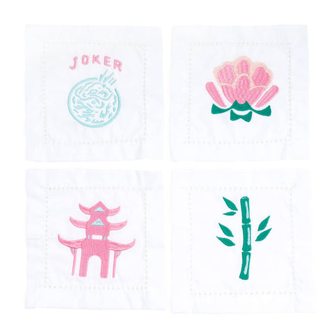 Mahjong Embroidered Cocktail Napkin Set, 4-Piece Cotton