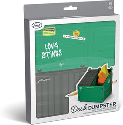 Packaging of a desk dumpster with green lid and gray body, featuring the brand 'Fred'.