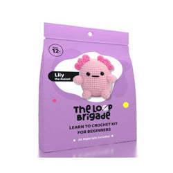 Crochet kit packaging for 'Lily the Annelid' by The Loop Brigade on a white background