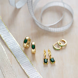 Emerald Green Rectangle Stone Huggie Hoop Earrings