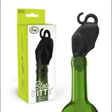 Black  CAt bottle stopper with hook on a green bottle next to its packaging