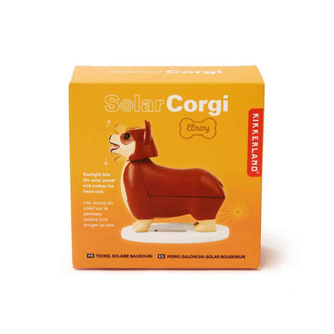 Solar Corgi toy packaging with Kikkerland branding on a white background