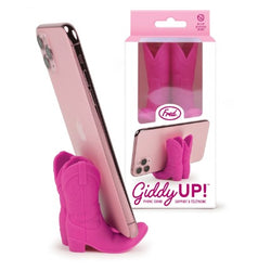 Pink cowboy boot phone stand with packaging on a white background