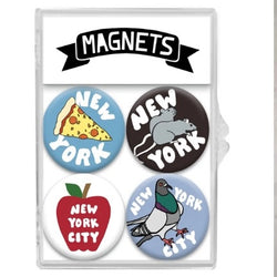 Set of four New York-themed magnets in a packaging tray.