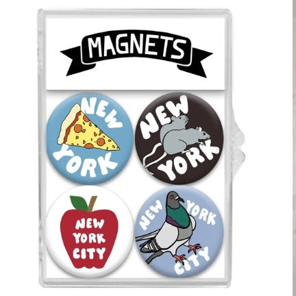 Set of four New York-themed magnets in a packaging tray.