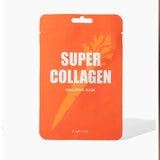 Orange 'Super Collagen' mask packaging with brand name on a white background