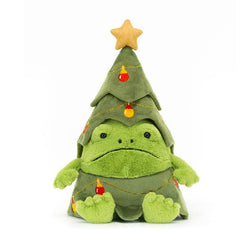 Green plush toy frog wearing a Christmas tree hat with lights on a white background by Jellycat