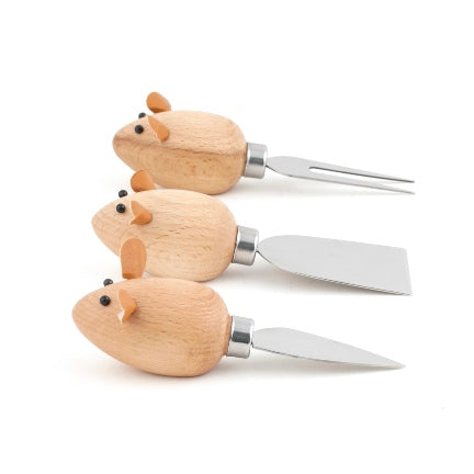kikkerland 3 blind mice wooden cheese knife set
