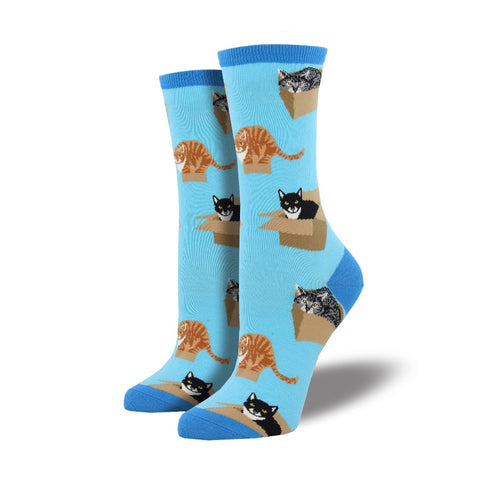 Cat in boxes womens crew socks light blue