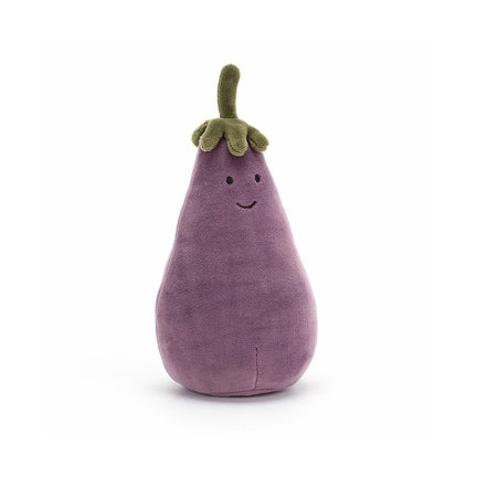 eggplant plush with cute smile in plum green stem by Jellycat