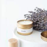 Lavender candle in gold tin by candlefolk