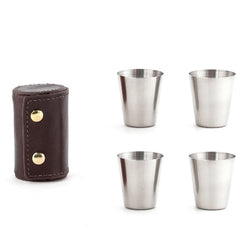 Set of 4 stainless steel Shot glasses in a genuine leather  case carrying case. by Kikkerland
