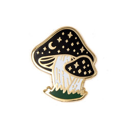 Cosmic mushroom enamel pin , black, white & gold